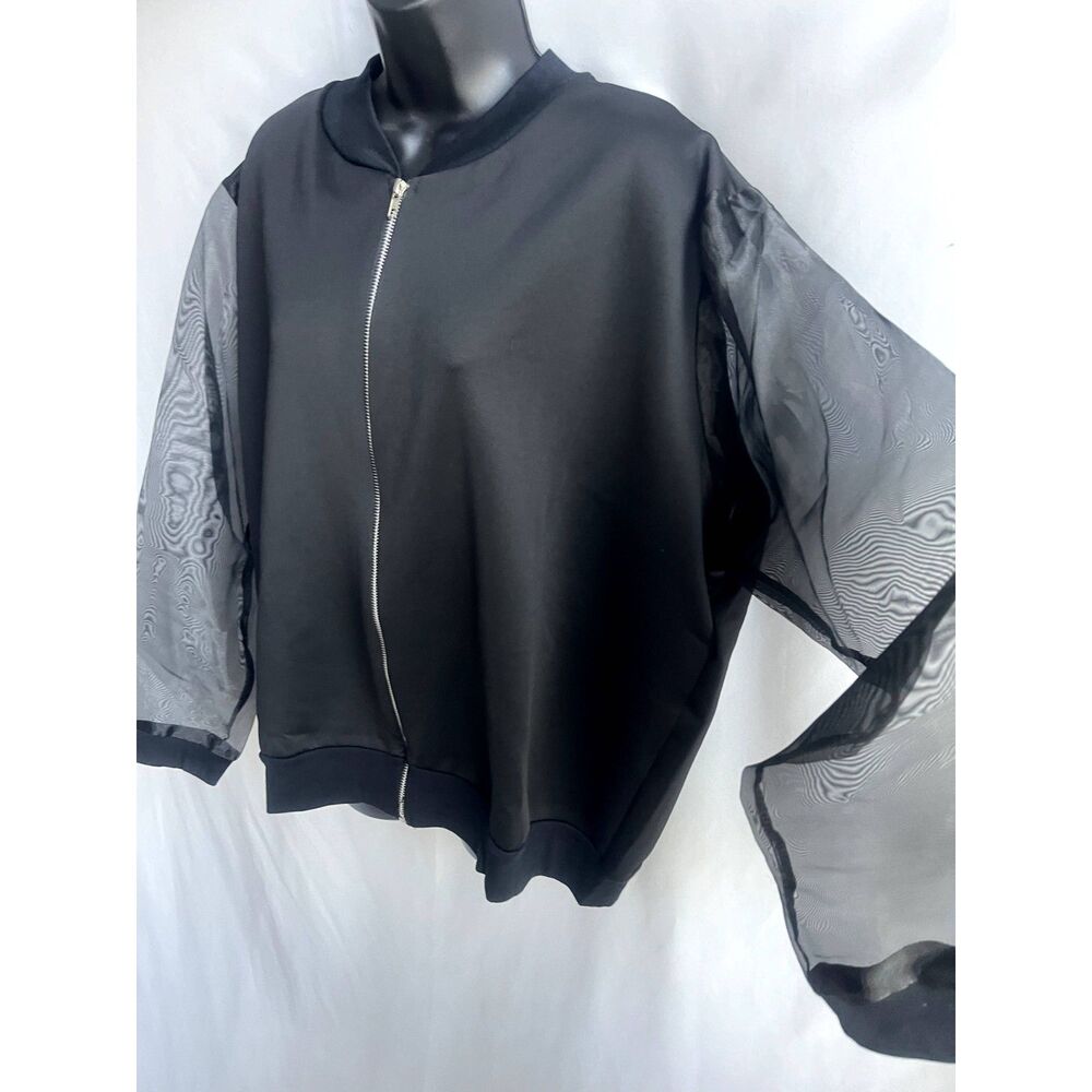 Boohoo NWT Black Full Zip Organza Mesh Sleeve Bomber Black Plus Size 20 Basics - Picture 4 of 12